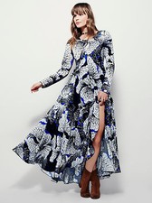 NWT $148 Free People First Kiss Printed Maxi Dress Dark Onyx Combo XS