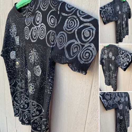vintage wearable art tee black with silver (painted) single stitch 80s 90s OS - Picture 2 of 12
