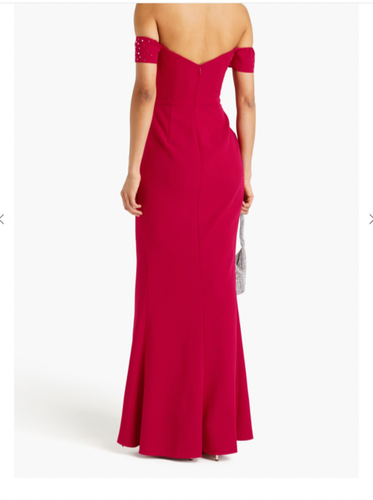 $995 Marchesa Notte Gown Size 14 Red Crepe Embellished Off Shoulder Maxi Dress - Imagen 6 de 9