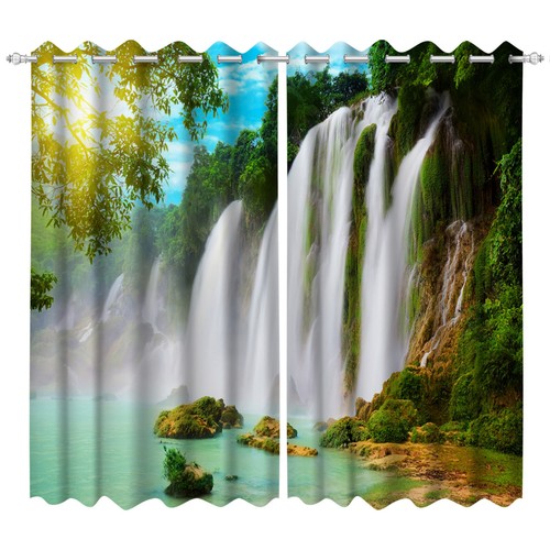 Tela de cortinas de ventana de 2 paneles paisaje cascada montaña 3D 2 paneles cortinas de bloqueo - Imagen 5 de 11