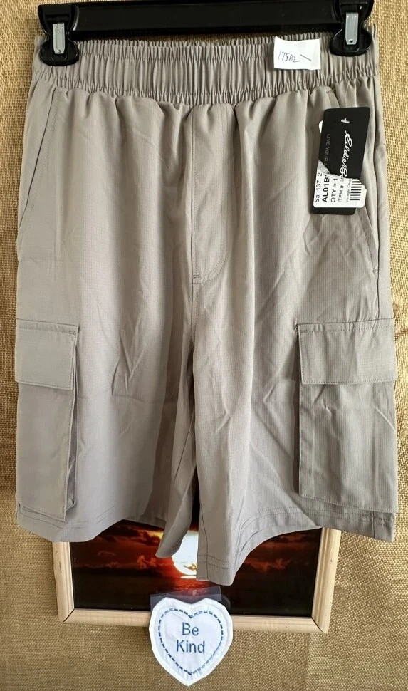 NWT Eddie Bauer mens cargo shorts S gray elastic drawstring solid flat stretch r