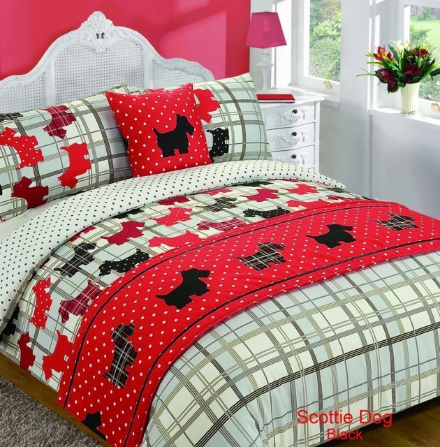 Scottie Dogs Tartan Black 5pc Double Size Duvet Cover Set Cushion Picture 2 Of