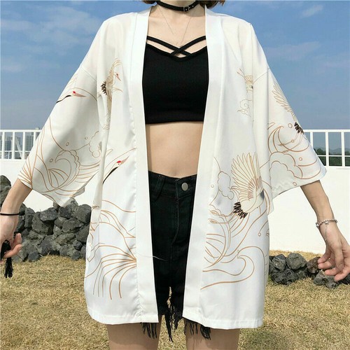 Ladies Crane Japanese Kimono Coat Loose Yukata Outwear Tops Vintage Harajuku - Picture 7 of 15