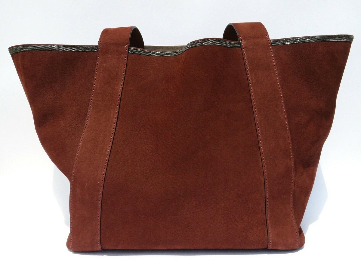 【関税&送料込】Brunello Cucinelli Brown Suede Bag With Moni BRUNELLO CUCINELLI Brown Suede Monili Bead Trim Metallic