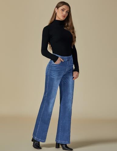 Wide Leg Womens Jeans High Waisted Trendy Pull On Seamed Medium Classic Blue - Picture 7 of 7