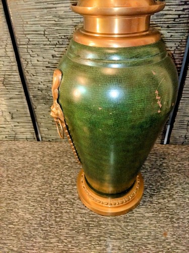 Brass Indian Temple Ginger Jar Vase 18" Emerald Green Lion Head Ring w/ Lid - Picture 17 of 17