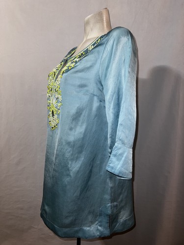SOFT SURROUNDINGS Top Womens Sz M Cupro Linen Blue Lime Green Beaded Satin Tunic - Picture 4 of 8