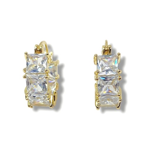 Gold Tone Hoop Earrings Square Rhinestone Pierced Sparkle Evening Elegant Party - Picture 2 of 10