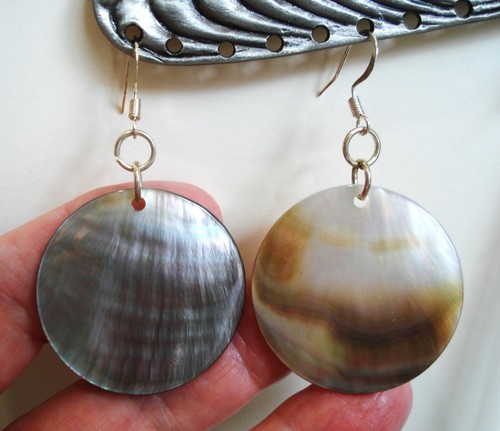 2 3/8" Drop Dangle 1 3/8" Diameter Flat Coin Iridescent Black Lip Shell Earrings - Picture 2 of 9