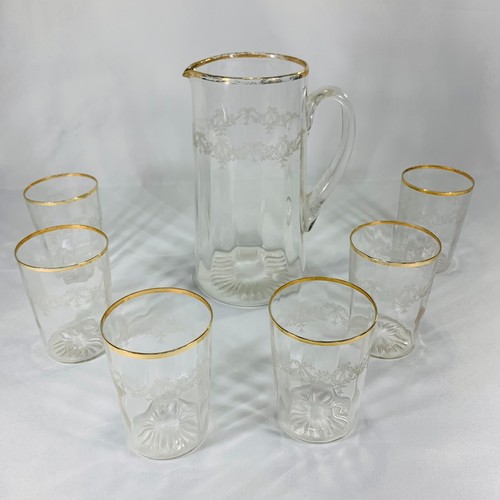 Klarglaskrug mit Goldrand und Kranzschleifenmuster 6 Tassen - Bild 1 von 5