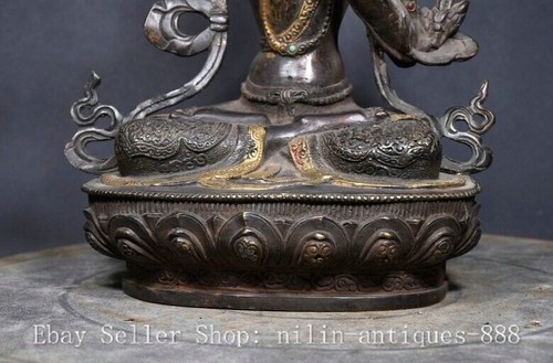 12.5" Old Tibet Bronze Inlay Gem Wenshu Manjushri Goddess Buddha Statue - Picture 7 of 9