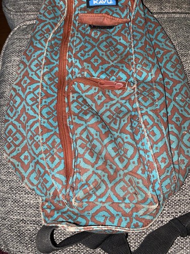 KAVU Rope Sling Bag Turquoise/Teal/Brown Crossbody Backpack Multi Zip Pocket - Picture 3 of 6