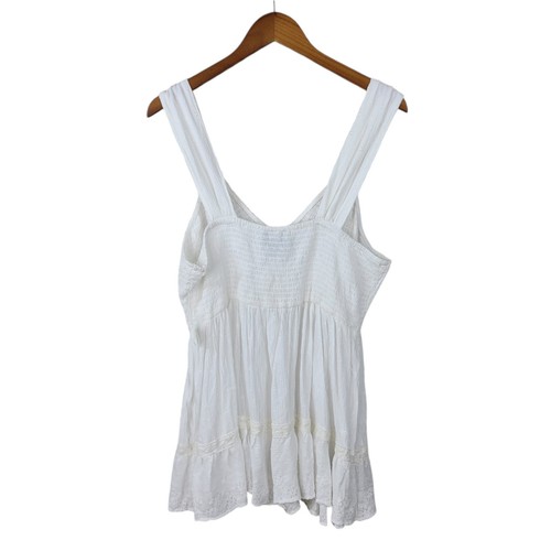 NEW Boho Top Shirred White Tank Plus Size 1X Sleeveless Swiss Dot Lace Trim - Picture 5 of 7