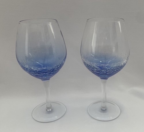 2 “Pier 1” Cobalt Blue Crackle Hand Blown Balloon WineGlasses 8.5” - Picture 3 of 6