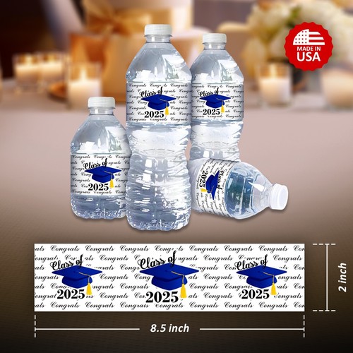 Class of 2025 Blue Graduation Water Bottle Label Set of 25 Waterproof and Glossy - Picture 3 of 6