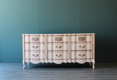 1970's French Provincial Pale Pink Dresser With Rose Gold Painted Accents