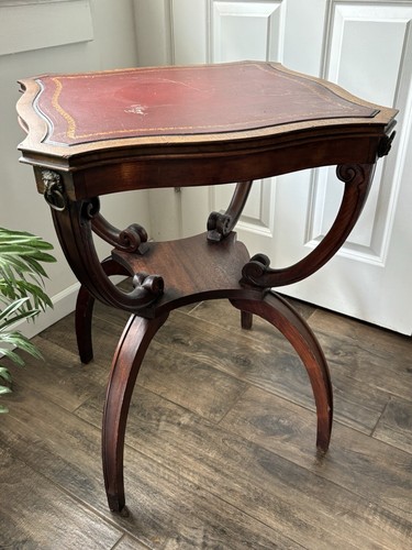 Vintage Pair Adams Always Regency Style Mahogany Red Leather Top 2 Tier Tables  - Picture 7 of 10