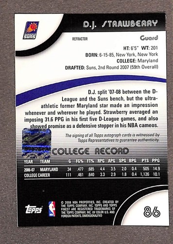 2007-08 Topps Finest #86 DJ Strawberry Refractor Auto Rookie - Picture 2 of 3