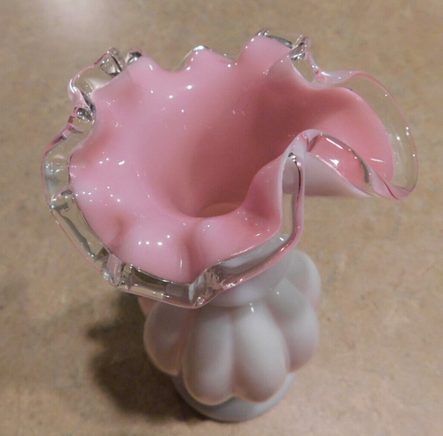 Fenton Melon Pitcher White Milk Glass Pink Underlay Silvercrest Ruffled Rim 9" - Picture 2 of 7