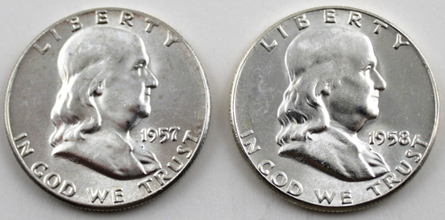 Two Franklin Half Dollars - 1957 & 1958 - In BU Condition - Free Ship (425)