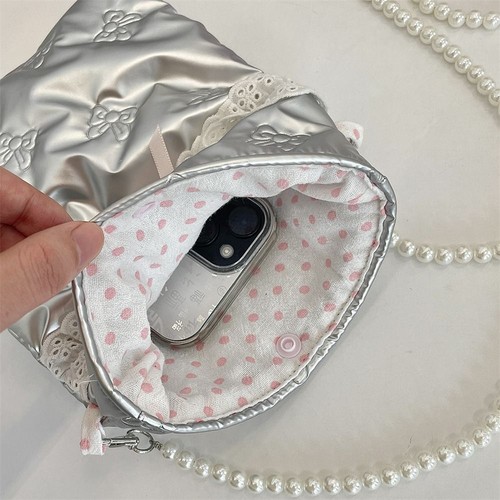 Love Heart Pearls Chain Crossbody Bag Space Cotton Shoulder Bag Office Worker - Picture 8 of 16
