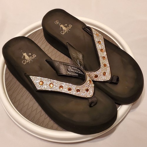 Corky's Wedge Sandals Thong Black Bling Womens Size 9 - Picture 1 of 19