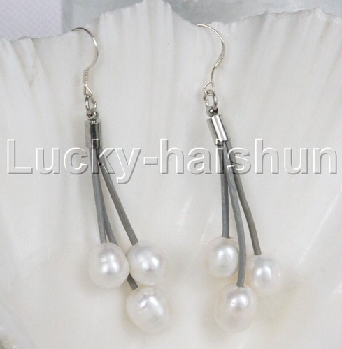 12mm white gray pink purple Black pearl gray leather dangle earring 925ss j12355 - Picture 3 of 9