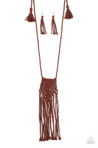 Paparazzi "Macrame Mantra" Bohemian Brown Knotted Cord Fringe Necklace - Picture 2 of 4
