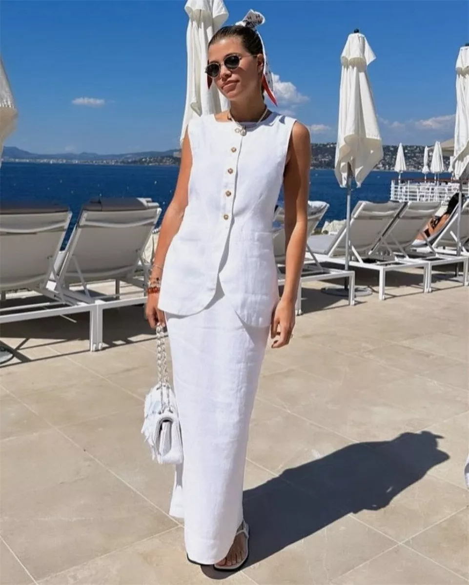White Cotton Linen Posse Similar Waistcoat Long Skirt Two Pc Set