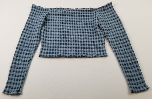 Wild Fable Crop Top Women’s Large Blue Check Long Sleeve Off the Shoulder Summer - Picture 1 of 9