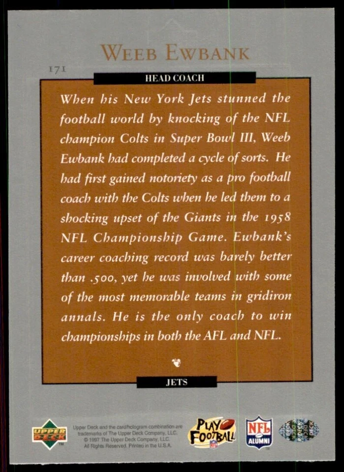 1997 Upper Deck Legends Weeb Ewbank Football Cards #171 - Image 2 of 2