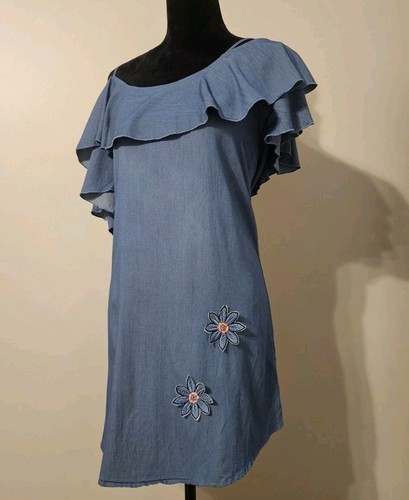 Blue Off-the-shoulder Demin Dress Sz L Made In USA Stretchy Cute Casual Beachy - Picture 2 of 8