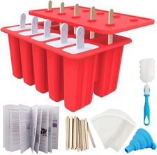 10 Cavity Popsicle Molds Silicone Ice Pop Maker with Sticks Bags Funnel Red