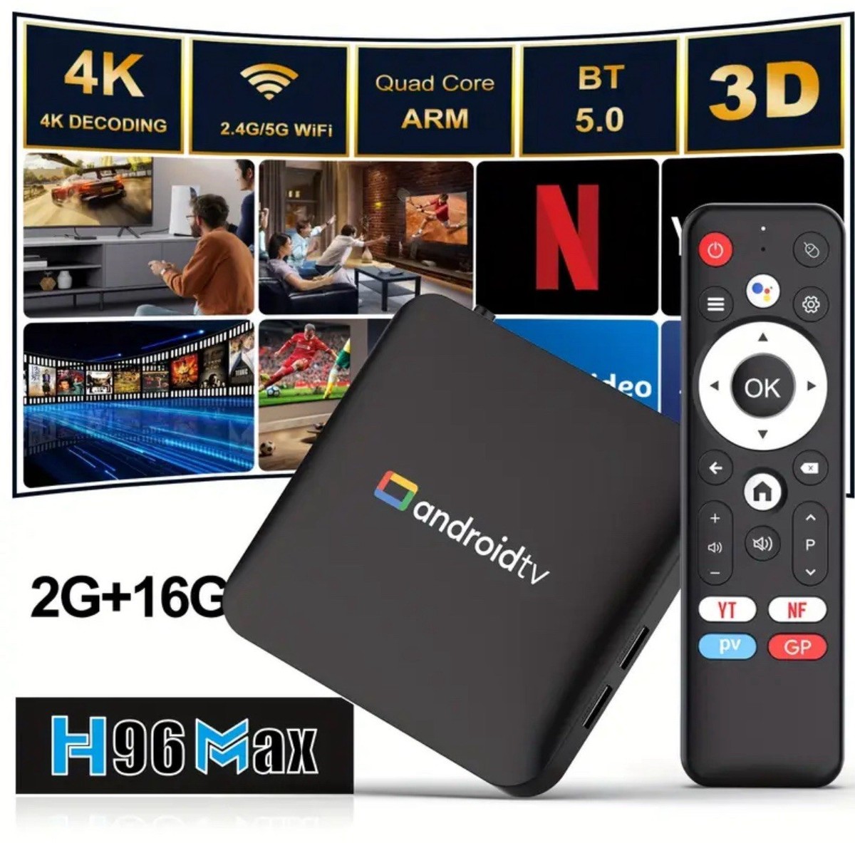 Android 14.0 TV Box with 4K Output Dual WiFi (2.4g/5g) BT 4.0 +