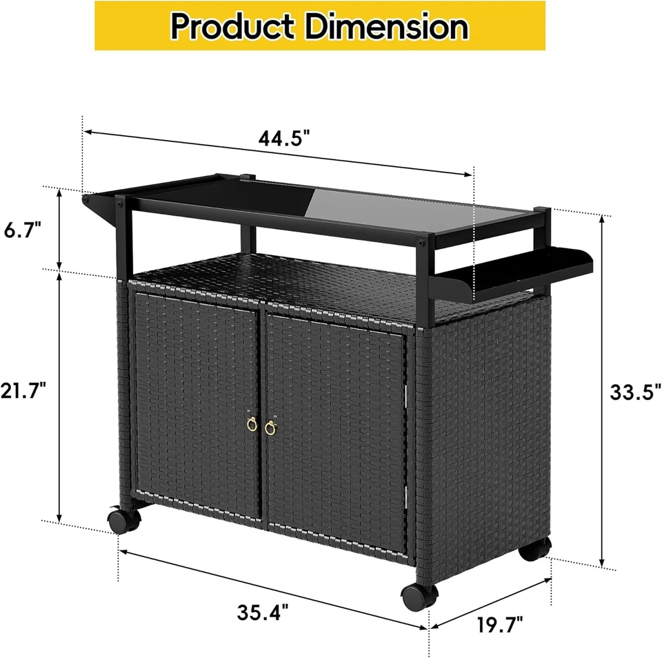 Carro de Bar Exterior con Almacenamiento y Ruedas, Mesa de Bar Exterior con Vidrio Templado Foto 2 de 4