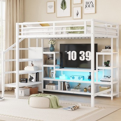 Full Size Metal Loft Bed with TV Cabinet,Staircase and Wardrobe Kids Loft Bed