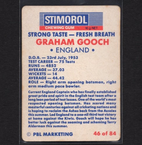 GRAHAM GOOCH 1990-91 Stimorol World Series Cricket Card ENGLAND #46 PSA - Foto 2 di 2