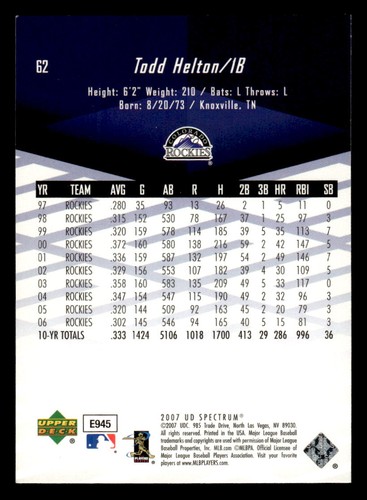 2007 UD Spectrum #62 Todd Helton ROCKIES - Picture 2 of 2