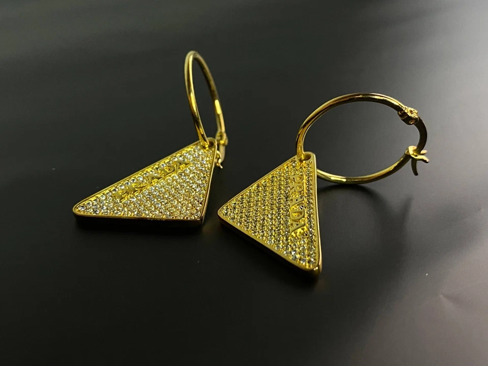 Prada Gold Pave Sparkling Crystal Triangle Hoop Earrings - Image 2 of 4