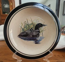 Lake Loon Dinner Plate (s) 11" Folkcraft Scotty Z Stoneware Navy White Black !