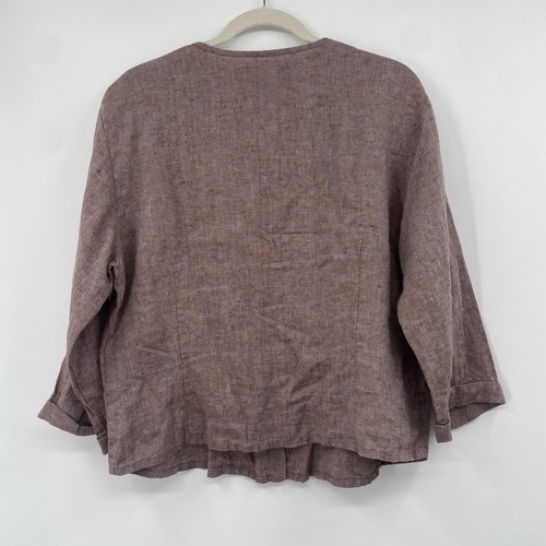 Flax Size M Brown Heather Long Sleeve 100% Linen Lagenlook Button Front Top - Photo 7 sur 13