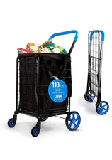 SereneLife Large Folding Utility Shopping Cart with Removable Liner – Color Blue