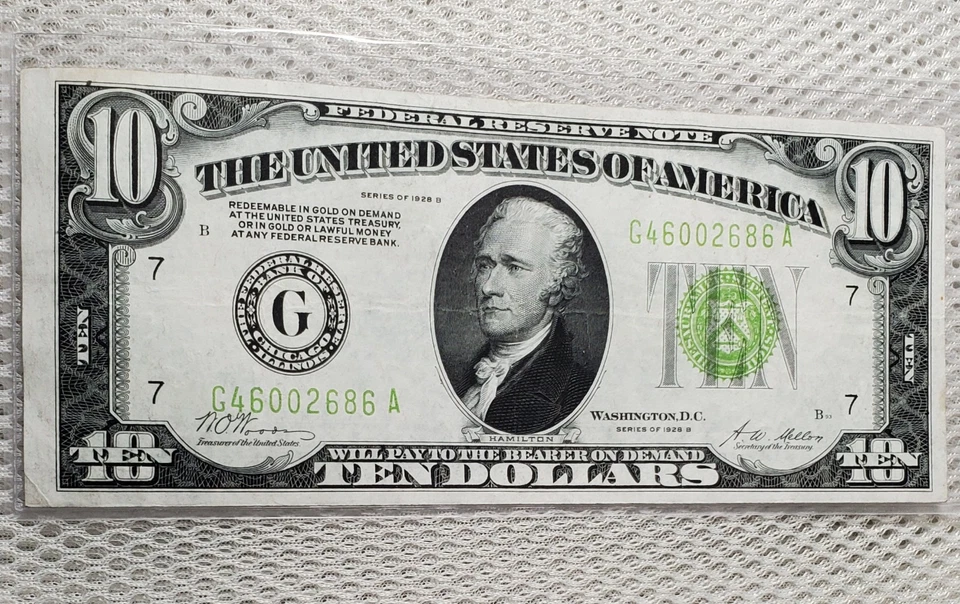 1928 B $10 Federal Reserve Note LGS LIME LIGHT GREEN SEAL Chicago, IL Nice Note - Image 2 of 4