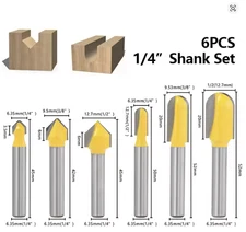 XCAN 6PCS 1/4'' Shank V-Groove Router Bit Set 90° Round Nose Wood