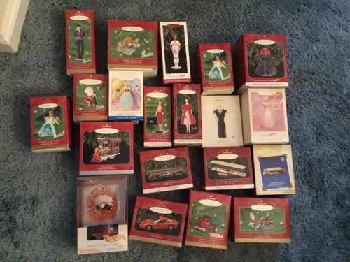 Lot of 20 Hallmark Christmas Ornaments , BARBIE, TRAINS/CARS/AIRPLANE ALL NIB