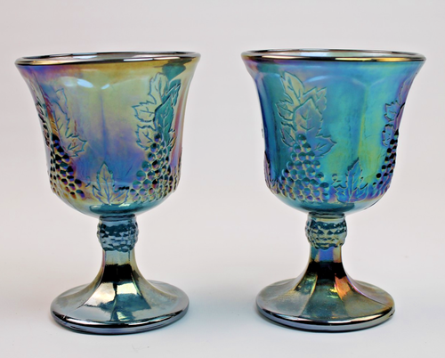 Brocca e calici vintage Indiana carnevale vetro iridescente blu raccolta uva - Foto 8 di 12
