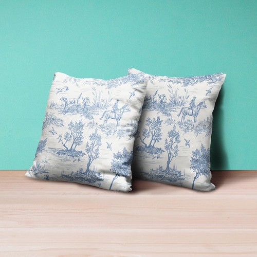 Blue and White Toile Pillow Covers 20x20 Inch Set of 2 Vintage French Country... - Picture 3 of 7