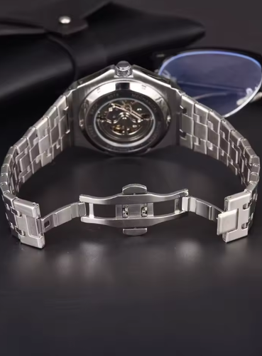 LONGLUX Silver Automatic Watch Men Luxury Skeleton Mechanical White Dial - Picture 2 of 3