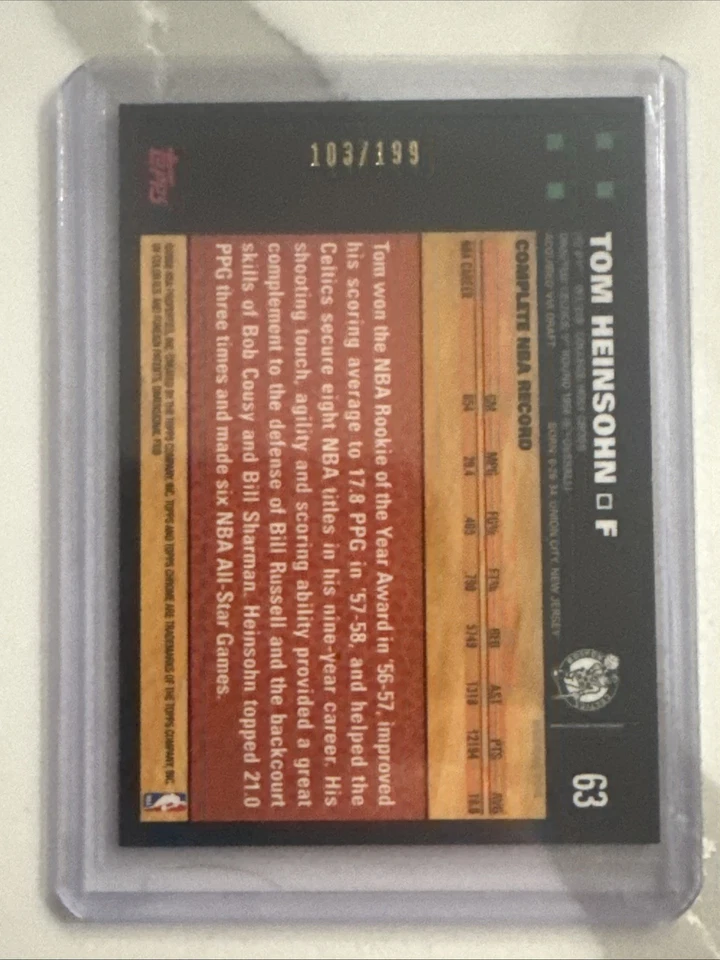 2007 08 TOM HEINSOHN TOPPS CHROME ORANGE REFRACTOR /199 BOSTON CELTICS #63 - Image 2 of 2