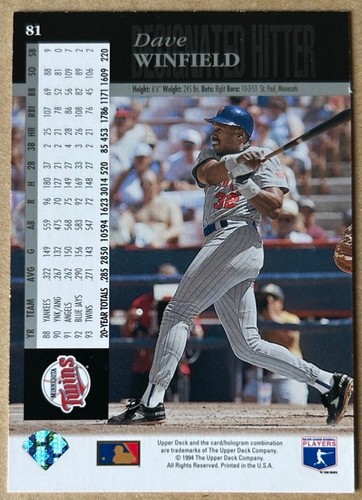 DAVE WINFIELD  HOF 1994 UPPER DECK ELECTRIC DIAMOND  Card #81 NM-MT Condition - Picture 2 of 2